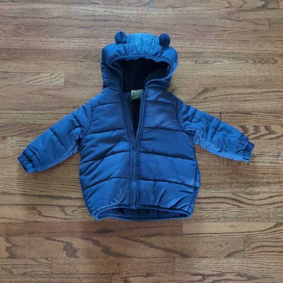 First impressions Toddler Boys Navy fleece lined Bear Puffer Jacket Size 12M NWT - Picture 1 of 6